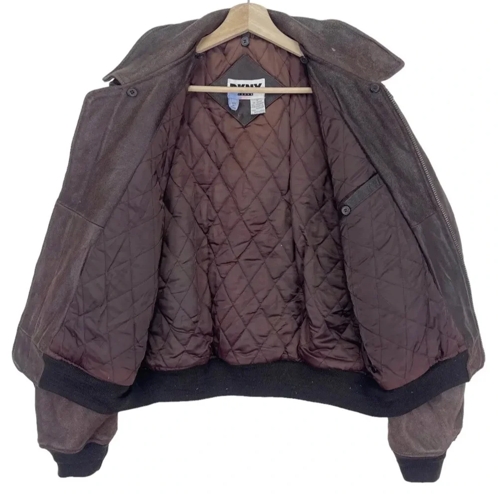 DKNY Jeans Vintage Leather Bomber Jacket Brown American Motor Patches Sz S
